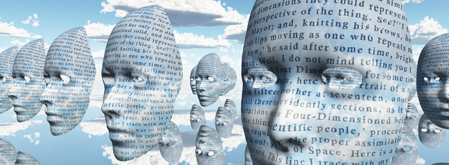 Humanlike faces covered in text