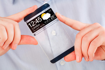 Smartphone with transparent screen in human hands.