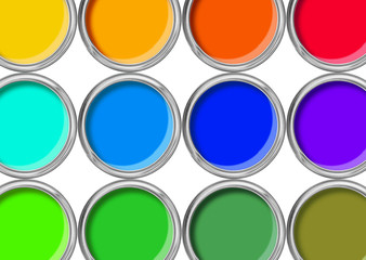 Paint cans color palette, cans opened top view isolated on white