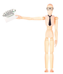 wooden Dummy with envelope full of money