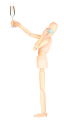 wooden Dummy with champagne and mobile phone