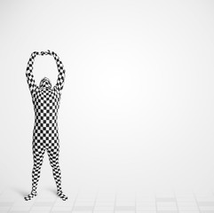 Funny guy in morphsuit body suit looking at copy space