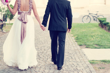 Fototapeta na wymiar Wedding couple holding hands