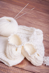 Fototapeta na wymiar Knitting of white thread and balls