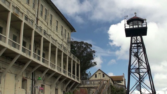 Alcatraz Federal Penitentiary. Barracks building & Watchtower.