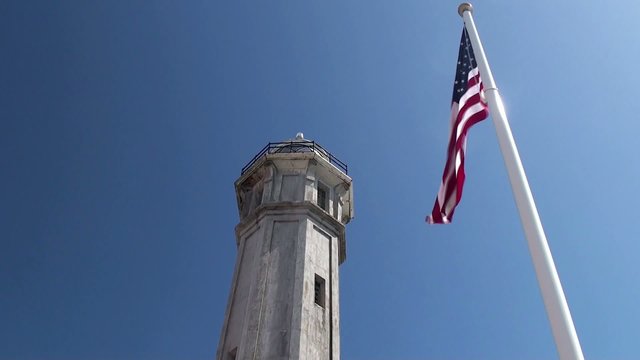 Alcatraz Island Federal Penitentiary. Lighthouse & US Flag.
