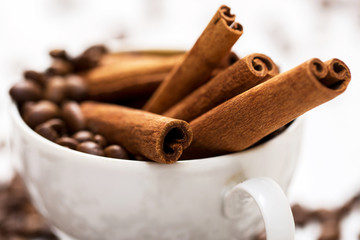 Cinnamon sticks and coffee beans