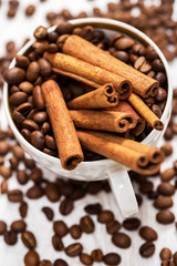 Cinnamon sticks and coffee beans