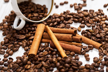 Coffee beans, cinnamon stick and chocolate