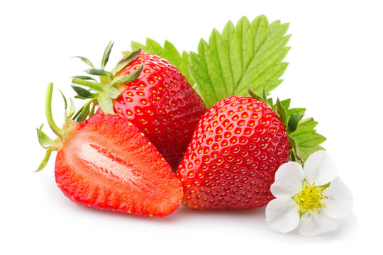 Strawberries with leaves and blossom. Isolated on a white