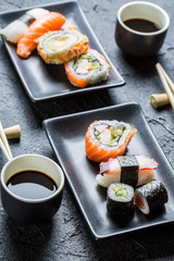 Sushi for two served with soy sauce