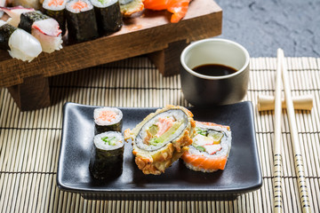 Fresh sushi served with soy sauce