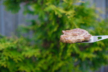 Grilled steak cooking on an open barbecue