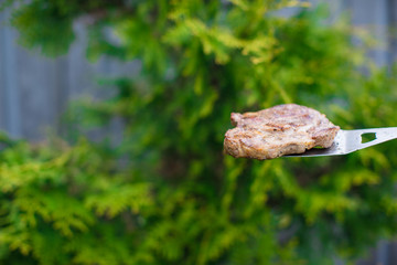 Grilled steak cooking on an open barbecue