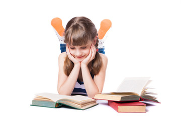 girl reading a book on white background