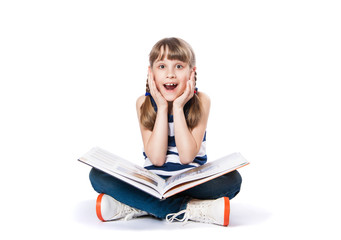 girl reading a book on white background