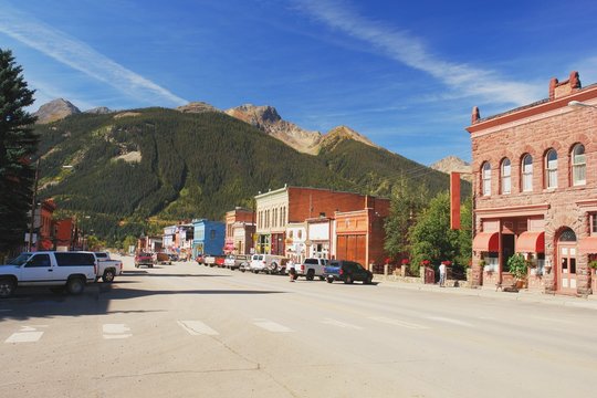 Road through the mountain town of Silverton in Colorado