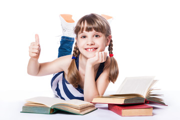 girl reading a book on white background