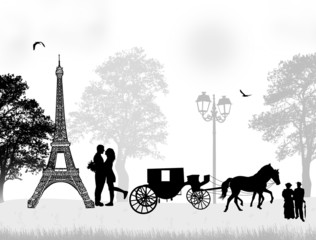Carriage and lovers in Paris