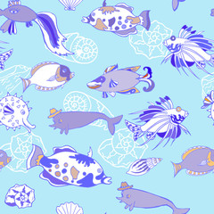 Seamless pattern  with cockleshells  blue fishes