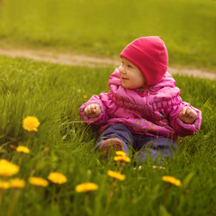 Little girl on a green meadow