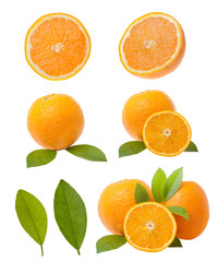 orange slice and orange leaf image set isolated on white backgro