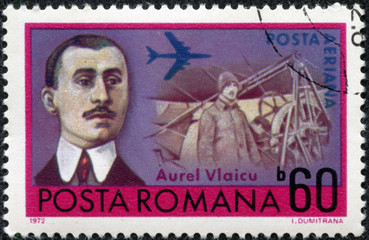 stamp printed by Romania, show Aurel Vlaicu, aviation pioneer