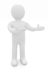 Happy 3d business man showing copy space, isolated on white