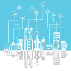 city skyline background, data and network concept