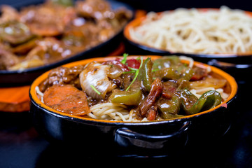 Pork in black bean souse with green pepper and onion