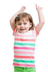 child girl with hands up isolated on white background