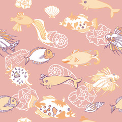 Seamless pattern  with   fishes and white cockleshells