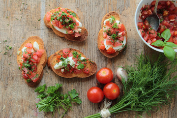 Tasty bruschettas with tomato, garlic, fennel and mozzarella