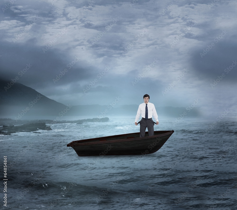 Poster Composite image of sad tradesman showing his empty pockets in a