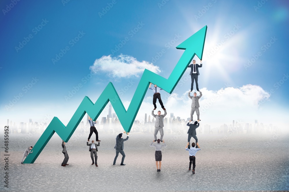 Poster composite image of business team holding up arrow