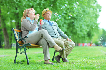 Elderly couple blowing bubbles in park