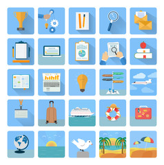 Icons set of traveling and planning a summer vacation