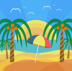 Fototapeta na wymiar Tropical beach with palm trees and umbrella