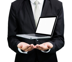 Businessman standing posture hand hold laptop isolated
