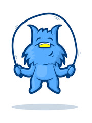 Cute blue dog jumping rope and smiling