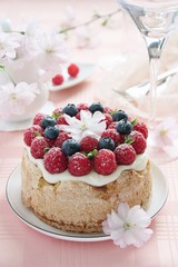 Homemade delicious fruit cake with berries and flower garnish.