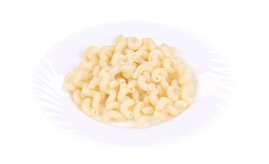 Close up of pasta cavatappi on a white plate.
