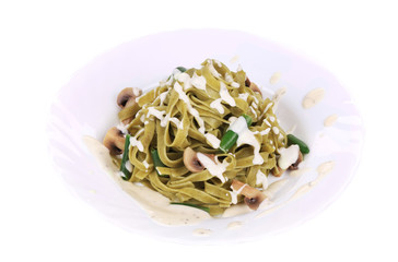 Pasta with mushrooms and sauce.