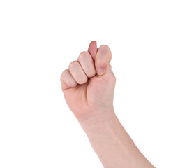 Man's hand shows fig shape gesture.