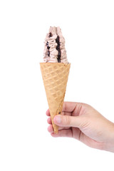 Ice cream in waffle cone.