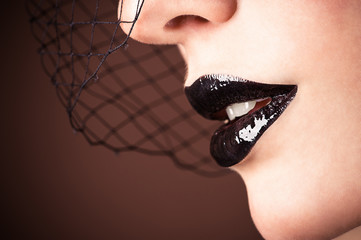 veil and sensual lips. Black fashion makeup