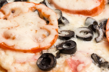 Classic Italian Pizza With Tomatoes, Olives And Ham