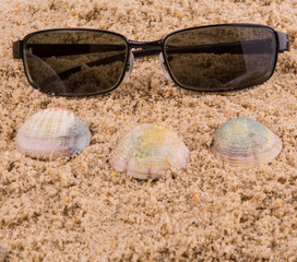 Obraz premium Pair of sunglasses on beach sand