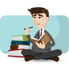 cartoon businessman thinking with book