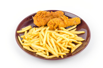 French fries and fried chicken isolated white background